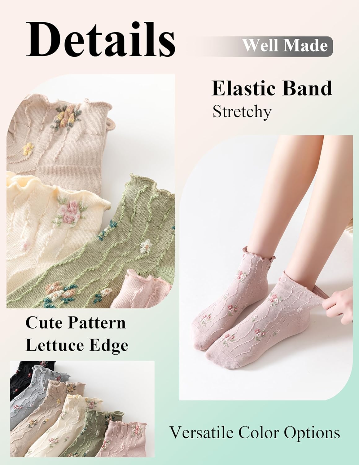Women‘s Ruffle Ankle Socks,Vintage Patterned,Short Casual Dress Sock,Cute Princess Lettuce Floral Socks 6 Pack - Image 9