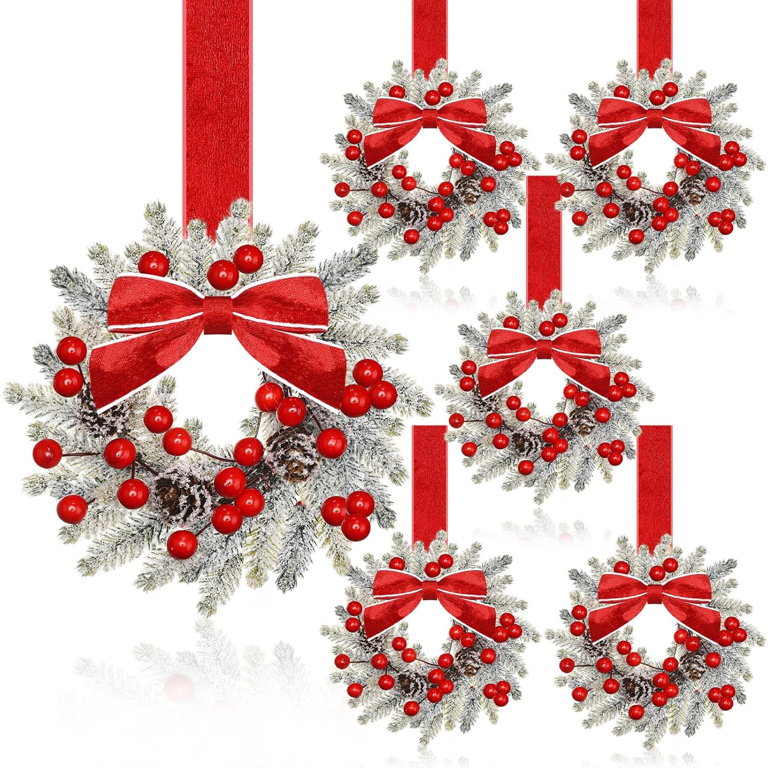 Dingion 6 Pcs 6 Inch Christmas Mini Cabinet Wreaths for Kitchen with Ribbon Bows Red Berry Small Winter Window Wreath Garland for Door Window Farmhouse Christmas Party Decorations Classic Style