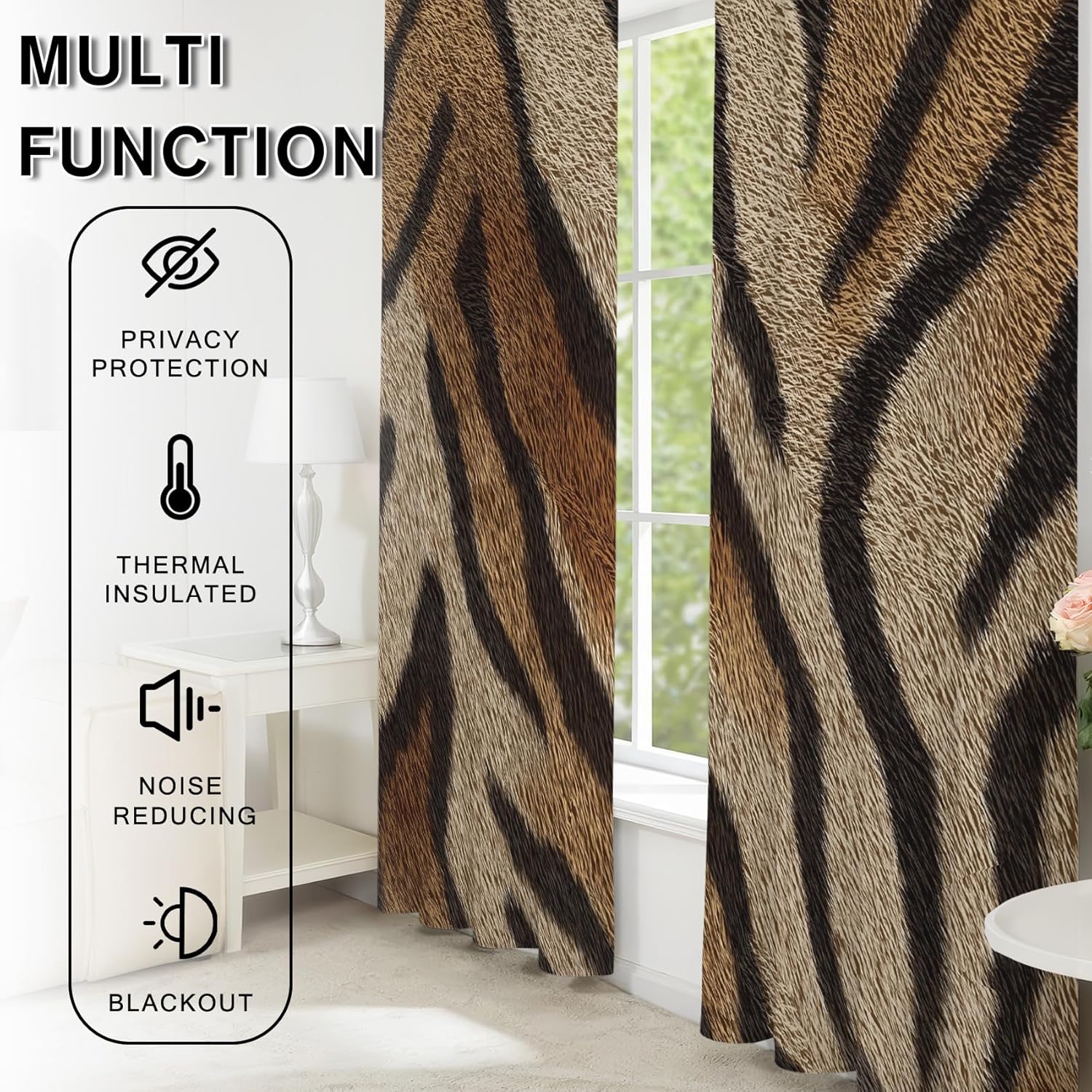 Tiger Print Curtains Blackout, Thermal Insulated Room Darkening Grommet Drapes for Bedroom & Living Room, Tiger Skin Animal Print Window Curtains & Home Decor, 63 Inch Drapes 2 Panel Set