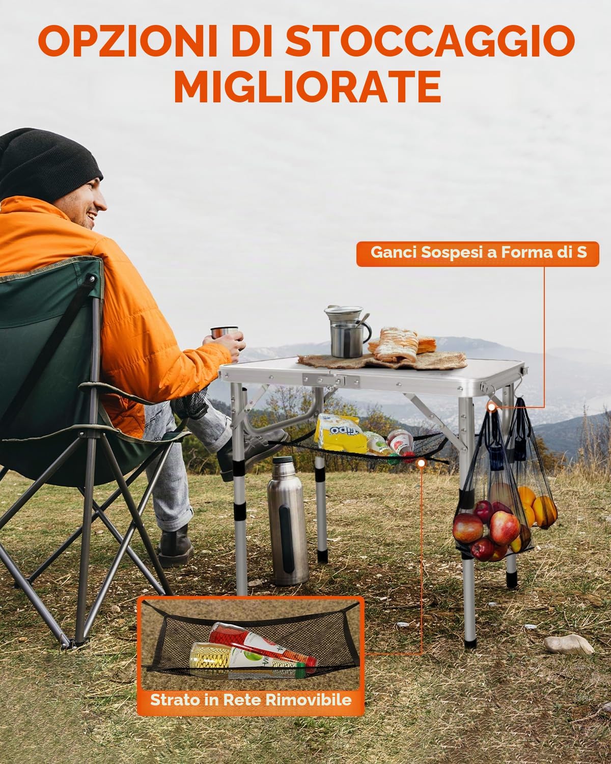 Sportneer Tavolino da Campeggio Pieghevole, Regolabile in Altezza, 60×40 cm, Portatile con Ripiano in Rete, 4 Altezze, Tavolo da Esterno per Picnic e Spiaggia, Bianco