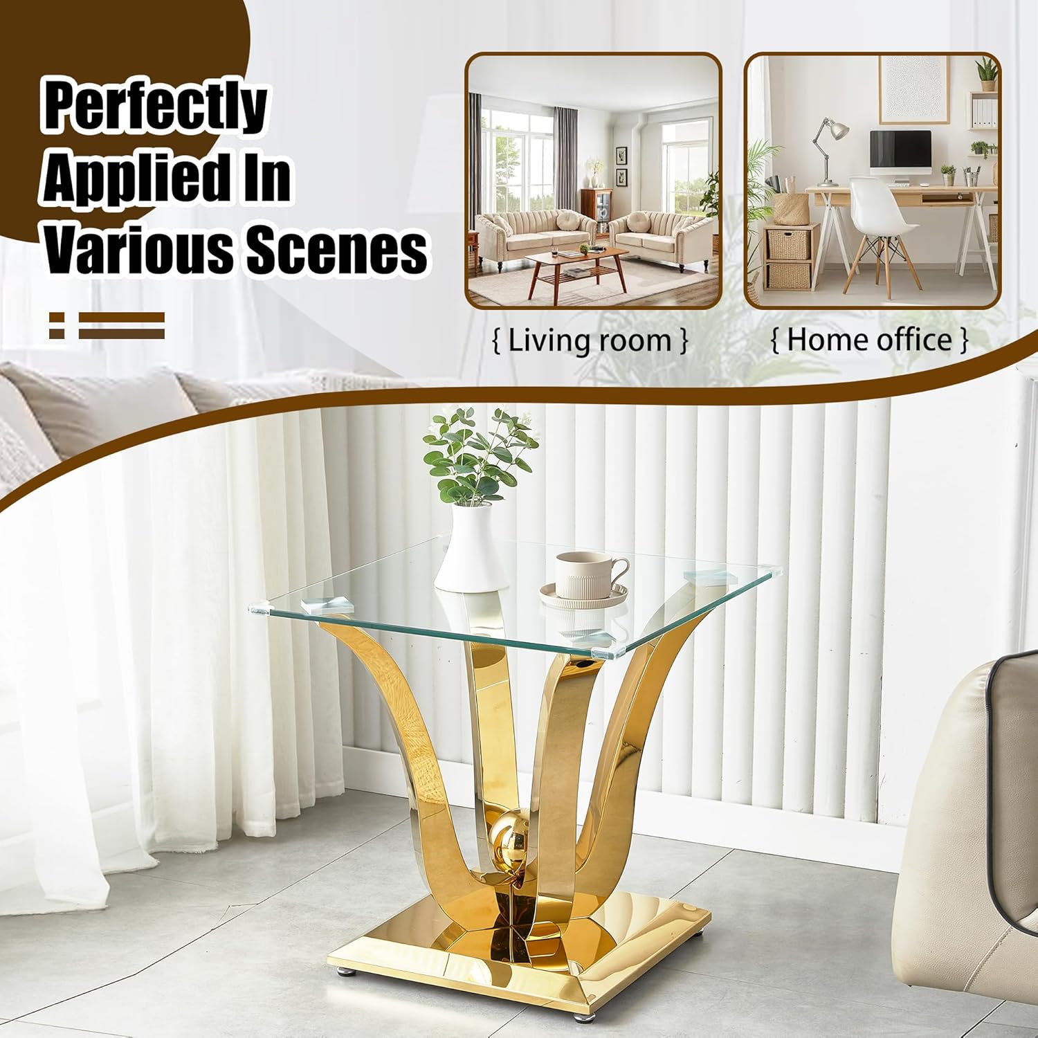 New Gold Glass Side Table, Luxury End Table with Mirror Finish Stainless Steel Base and Tempered Glass Top, Square Side Table for Living Room, Bedroom,Office