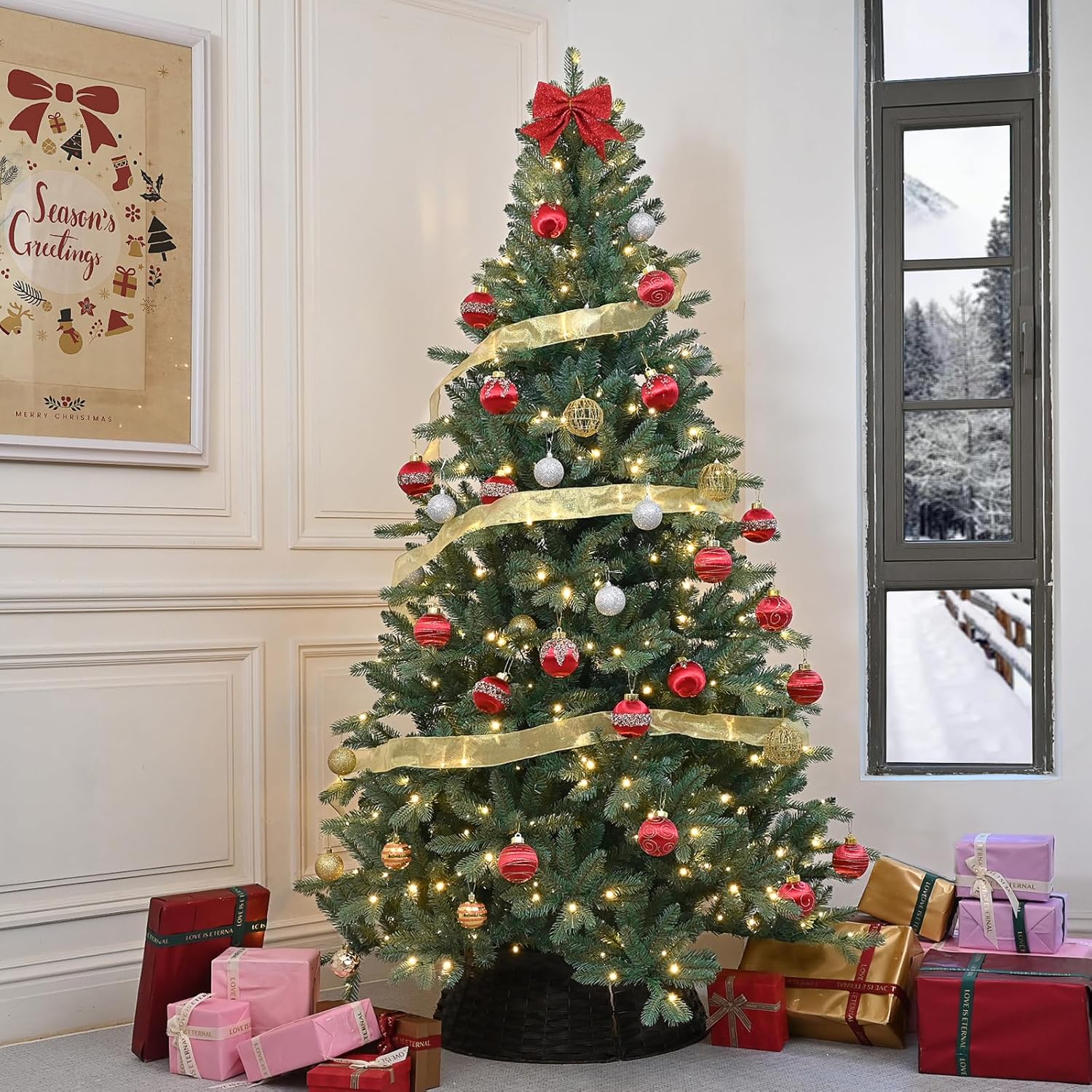 6 Ft Pre-Lit Blue Spruce Artificial Christmas Tree, w/350 LED Warm Lights, 1390 PE&PVC Mixed Branch Tips, Faux Xmas Tree for Home, Office, Party Decoration, Easy Assembly, Metal Hinges Foldable Base