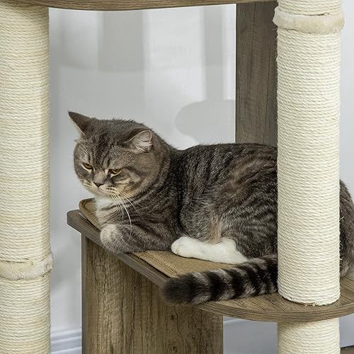 Miniatura 8 de PawHut Árbol moderno de esquina de 65 pulgadas para escalar, torre grande de varios niveles con postes rascadores, torre para gatitos de ajuste