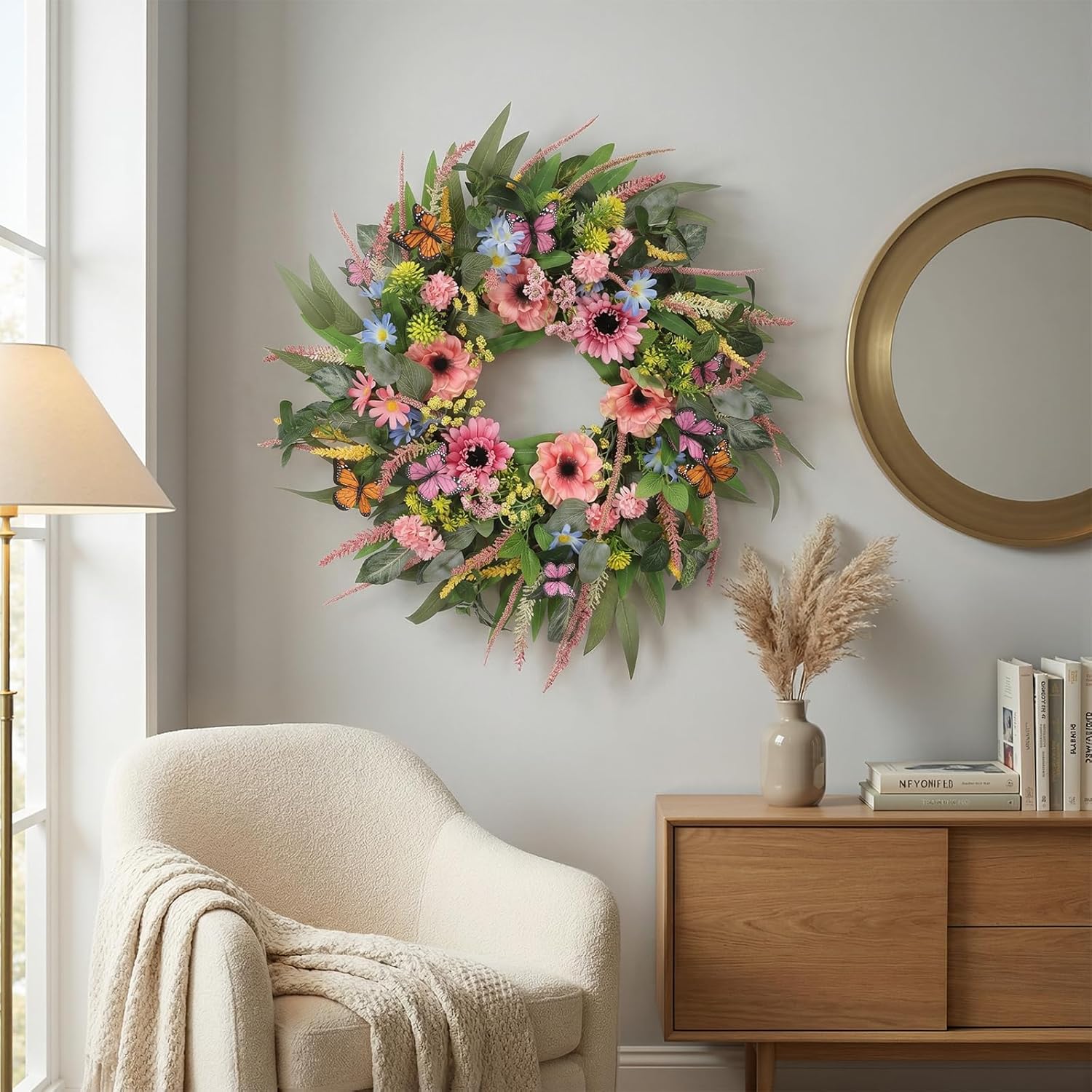 24 Inch Spring Wreath for Front Door Handcrafted Wreath Adorned with Eucalyptus Leaves Pink Blooms Butterfly, Year Round Wall Window Porch Home Farmhouse St Patricks Day Indoor Outdoor Decor