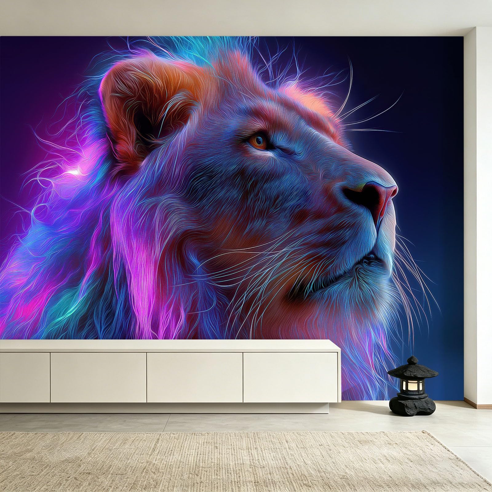 Générique Fantazyjna panoramiczna tapeta neonowa z efektem świetlnym 200 x 140 cm, tapeta z włókniny z motywem lwa, grzywa - fototapeta do salonu, sypialni i biura, dekoracja ścienna druk HD
