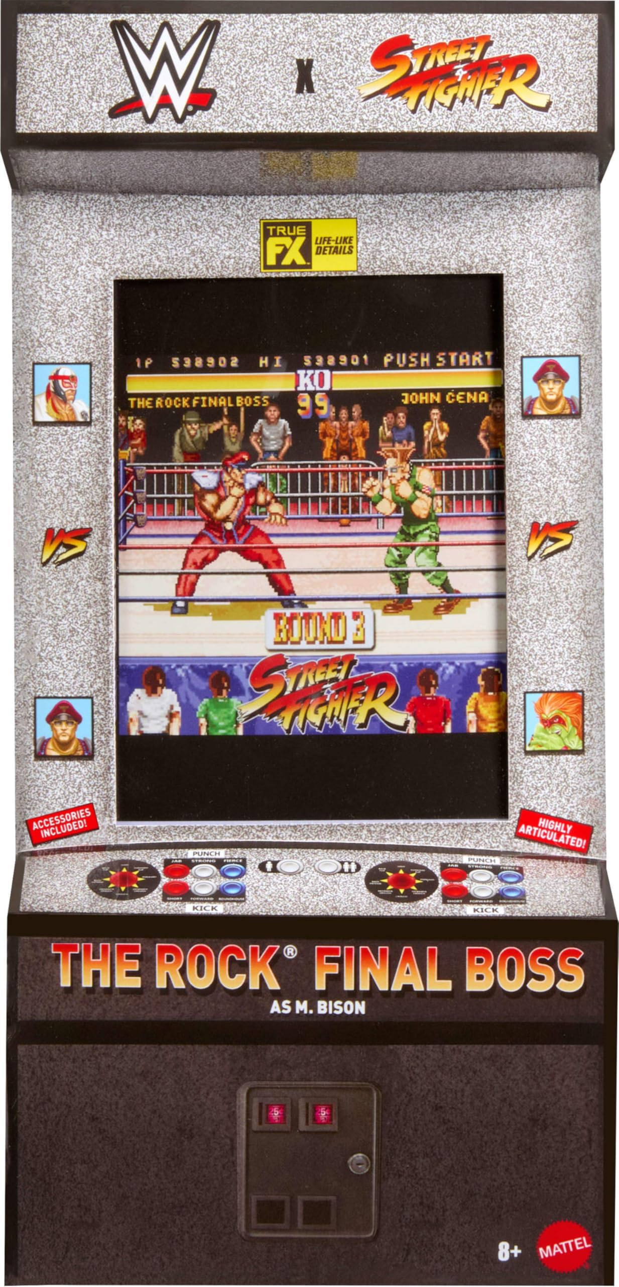 Mattel WWE x Street Fighter figurki akcji i akcesoria, The Rock Final Boss jako M. Bison, zestaw mash-up z elitarną figurką kolekcjonerską o wielkości ok. 15 cm, JLD79