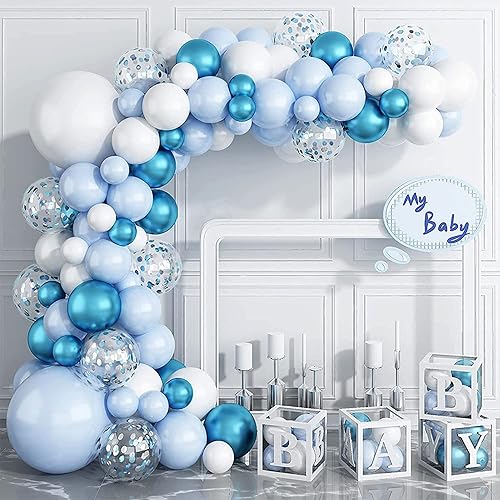 Miniatura 4 de Kit de guirnalda de globos azules y blancos, paquete de 107 globos de diferentes tamaños, globos de látex de confeti azul claro y blanco plateado