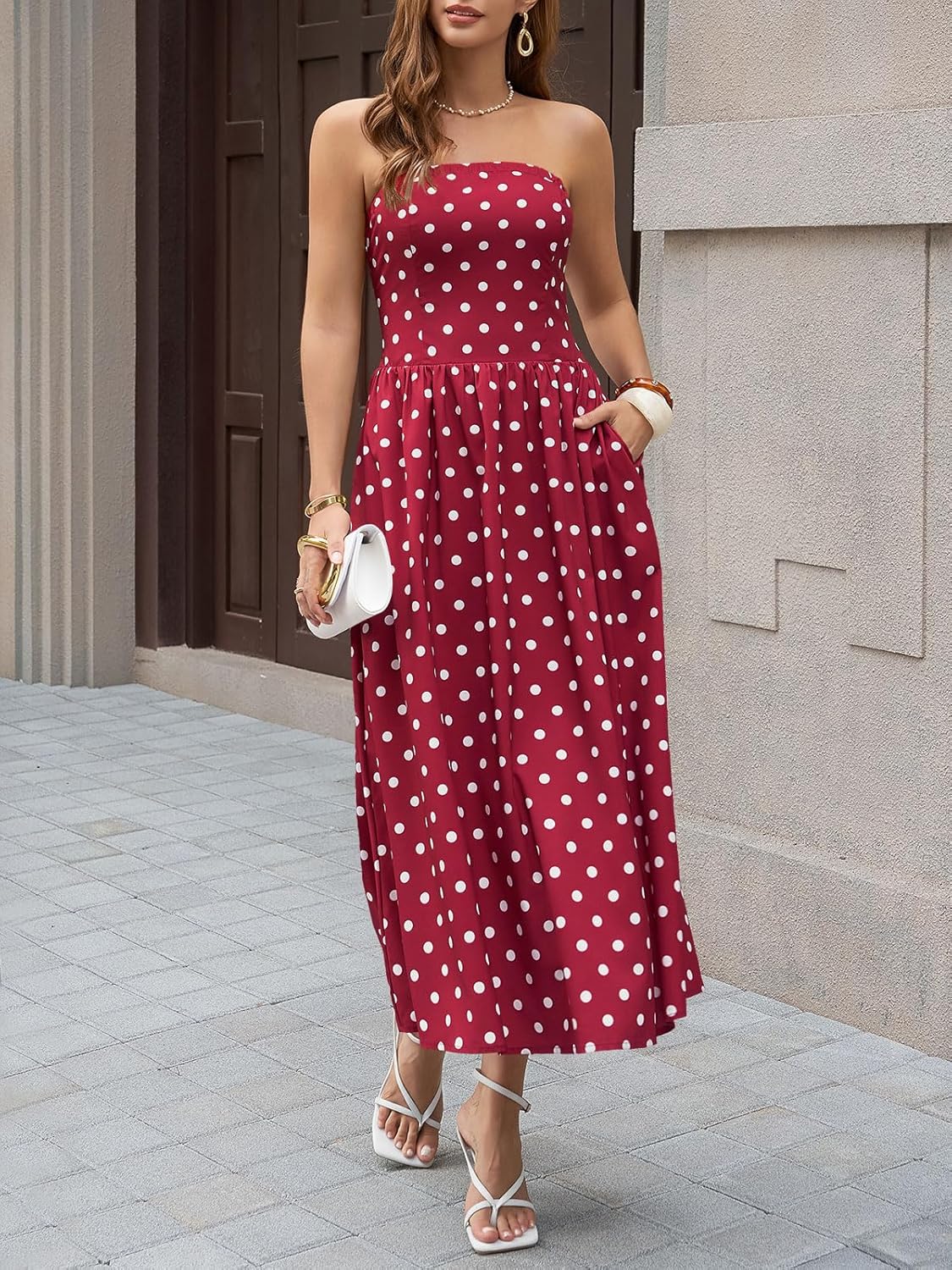 Wenrine Womens Polka Dot Strapless Dress Summer Smocked Tube Top Casual Sleeveless Swing Flowy Maxi Dresses with Pockets - Image 5