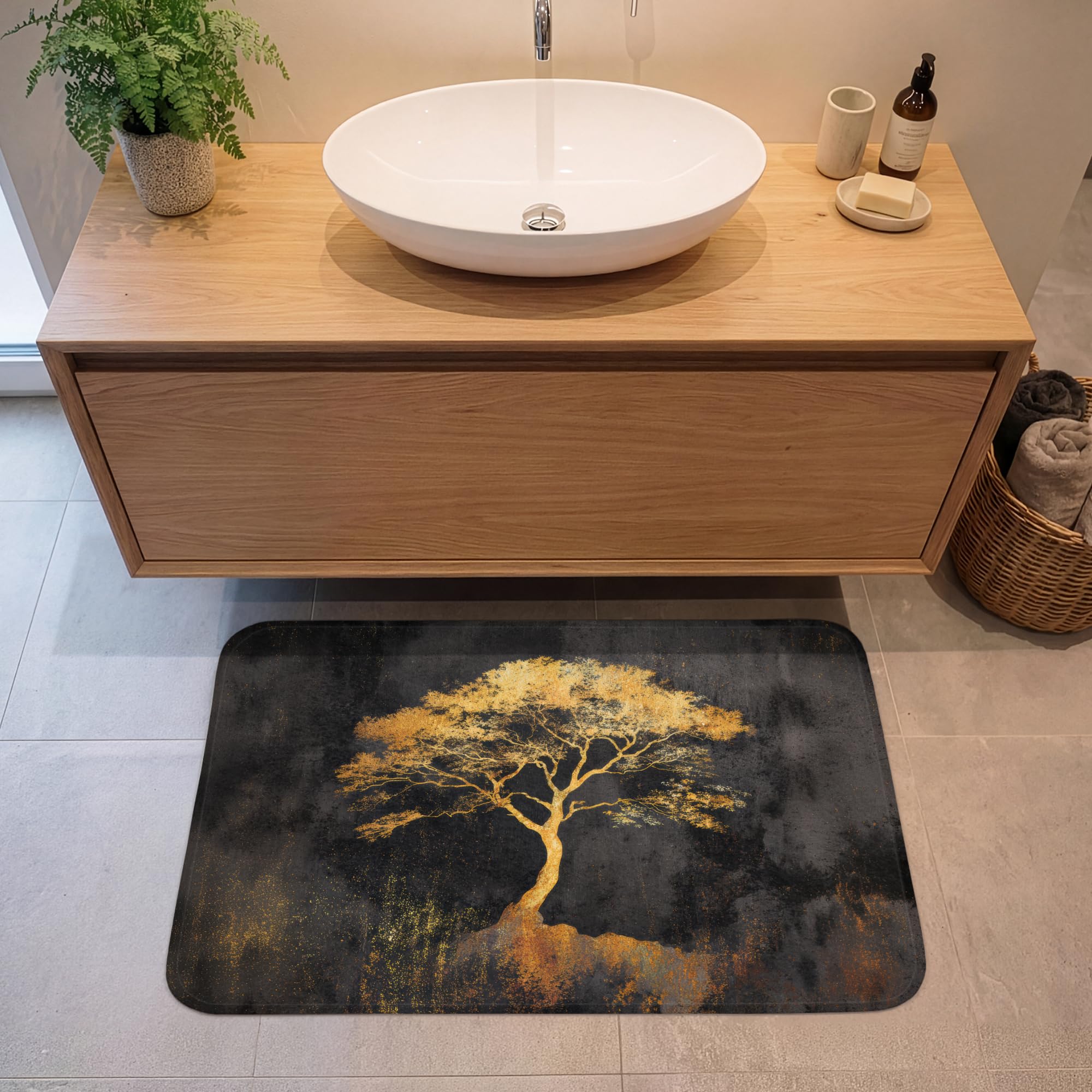 Alfombras Baño Rectangular 90x60 cm Alfombra Ducha Lavable Tapete Bath Mat Non Slip Antideslizante Bathroom Decoracion Shower Árbol - Pintura - Oro - Abstracto