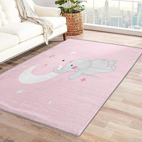 Bonita alfombra de elefante de 6 x 9 pulgadas, alfombra rosa para niñas, alfombras lavables para decoración de sala de estar y dormitorio, alfombra