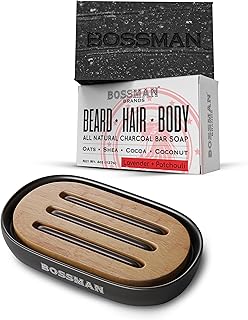 Bossman Men's 4-in-1 Bar Soap for Men + Black Soap Dish Bundle – 4 oz Bar with Lavender & Patchouli Scent + Ceramic Base with Bamboo Tray