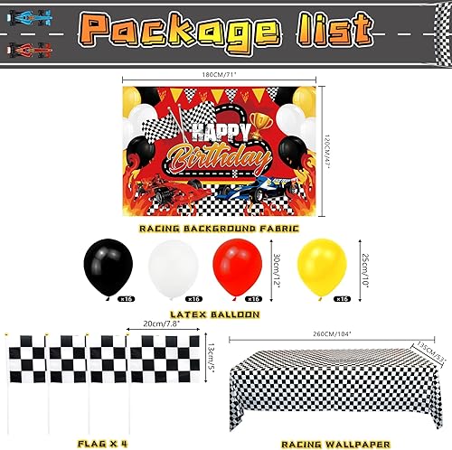 Miniatura 2 de Suministros de decoración de fiesta de cumpleaños de coche de carreras con telón de fondo de coche de carreras de feliz cumpleaños, mantel y