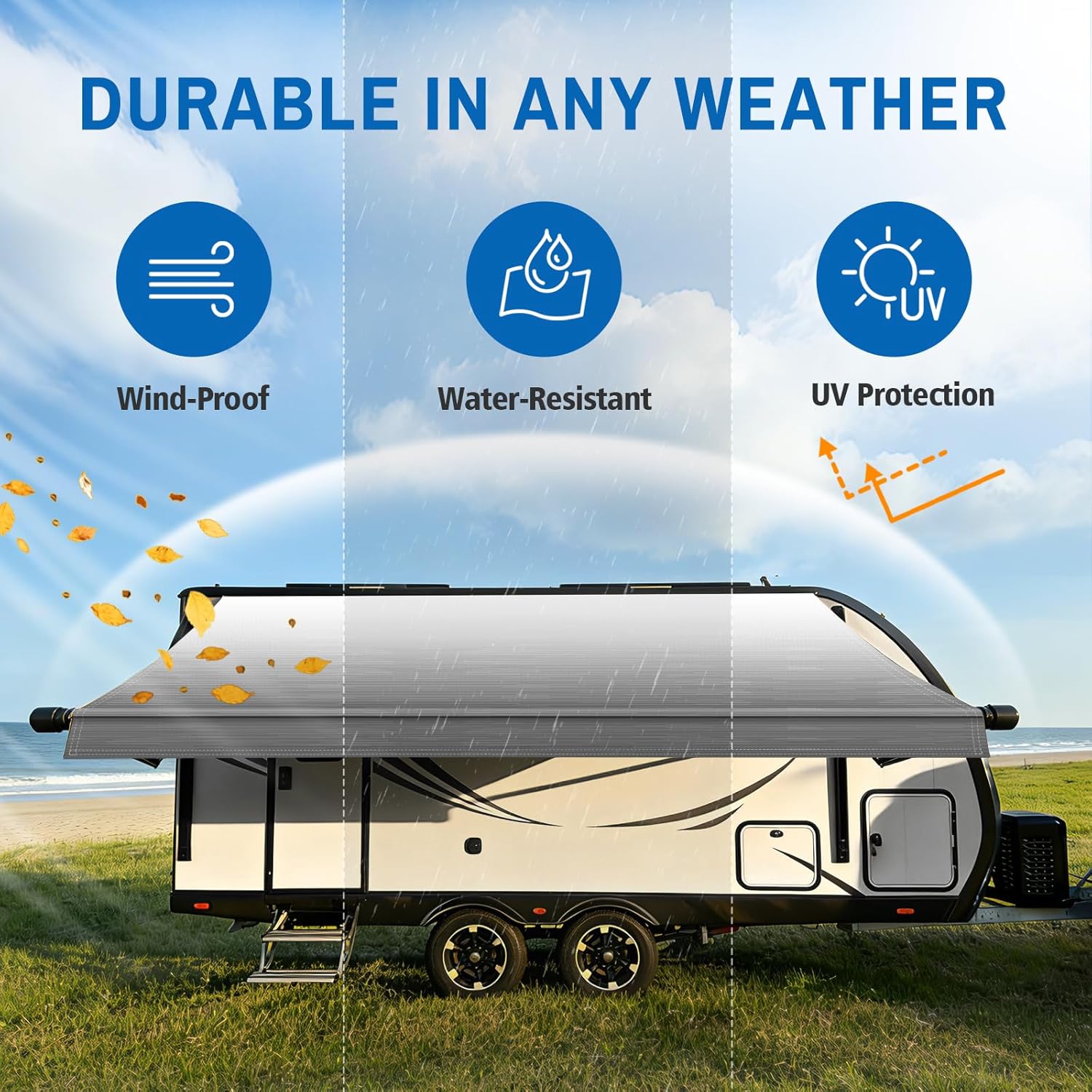 Dulepax RV Awning Fabric Replacement(14'2" Fabric) Heavy Duty 18.5oz Vinyl Camper Awning Replacement, UV-Resistant, Weatherproof Universal Fade Gray Outdoor Canopy for RV, Motorhome, Trailer