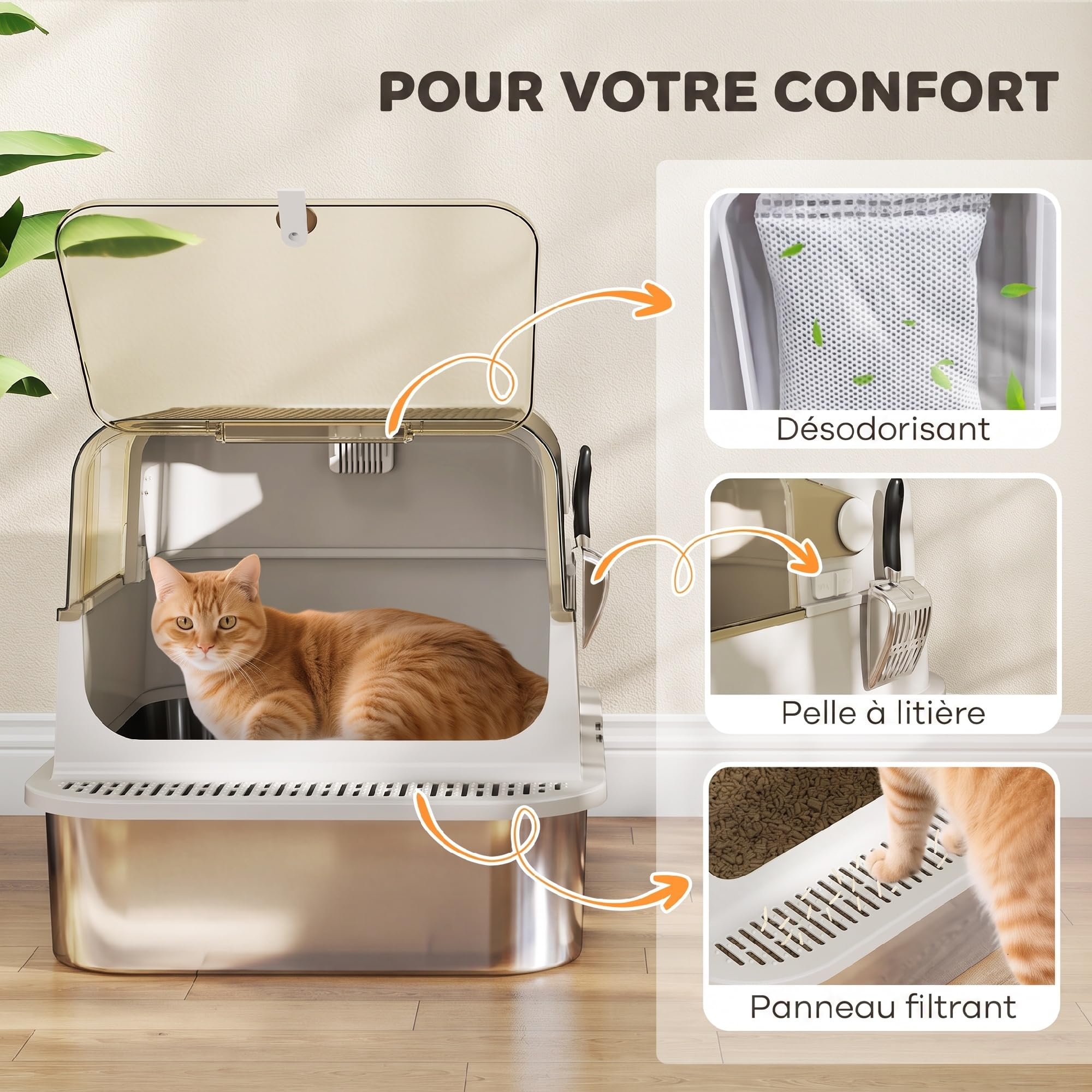 PawHut Maison de Toilette pour Chat XXL en Acier Inoxydable - Bac à Litière Fermé pour Grand Chat, Couvercle 90°, Double Porte, Filtre Frontal, Pelle - Facile à Nettoyer, 70x50x46,5cm, Gris