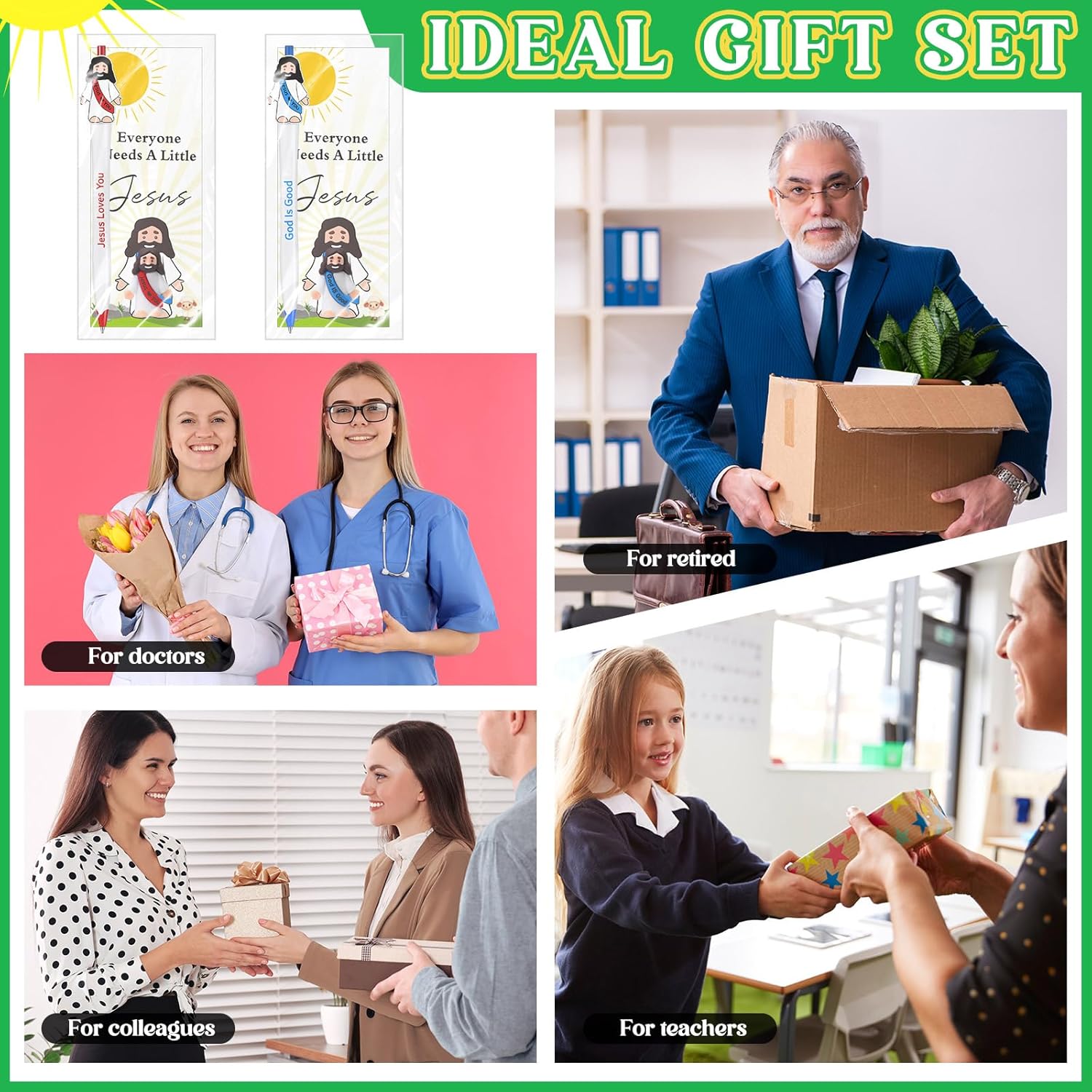24 Set Christian Jesus Pens Bulk, Sunday Back to School Prizes for Kids Include 24 Bible Pens & 24 Little Jesus's with 24 Church Card for Classroom Kids Stationary(Multiple Jesus)
