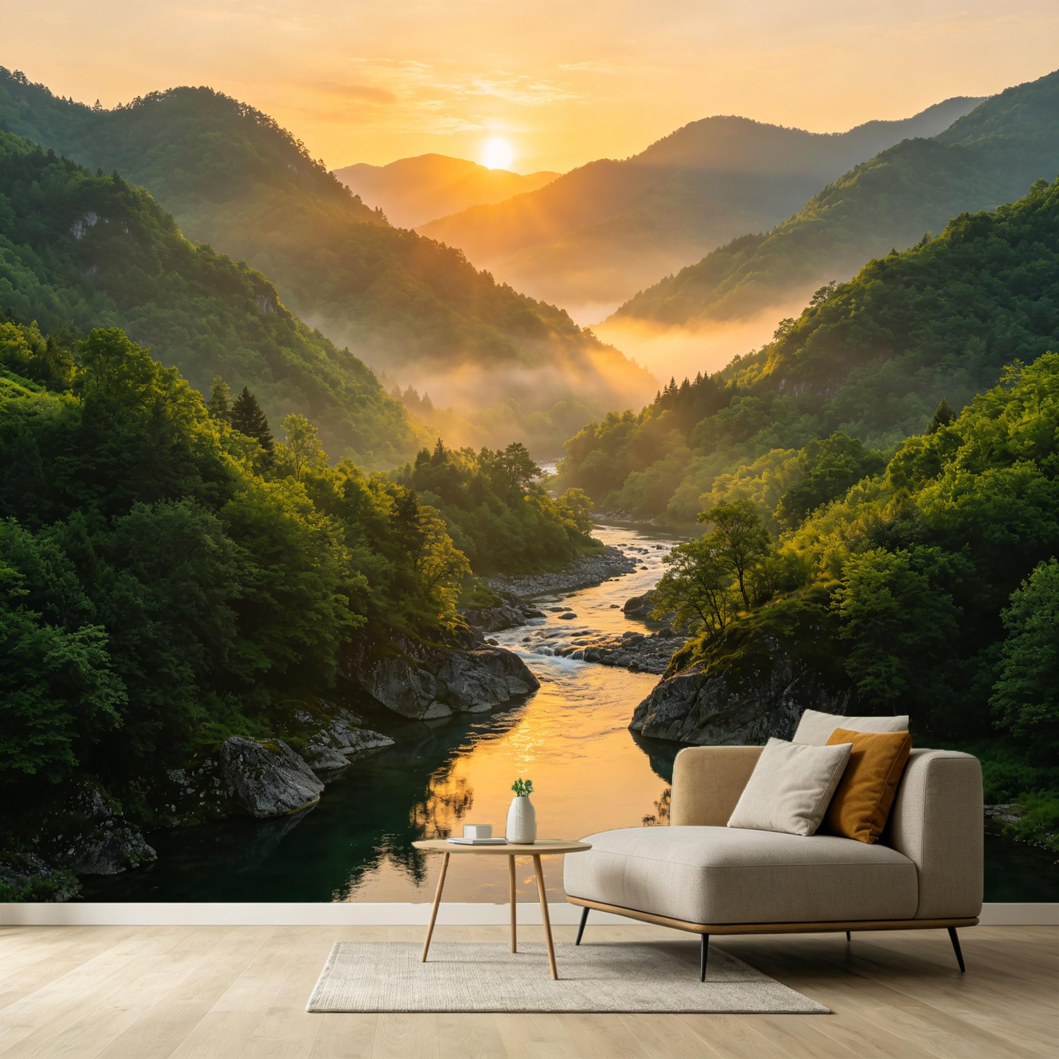 Custom Size Wall Murals Sunrise Mountain River Landscape Oil Painting Nature Scenic SelfAdhesive Wall Fabric Removable Large Wallpaper for Photo Living Room