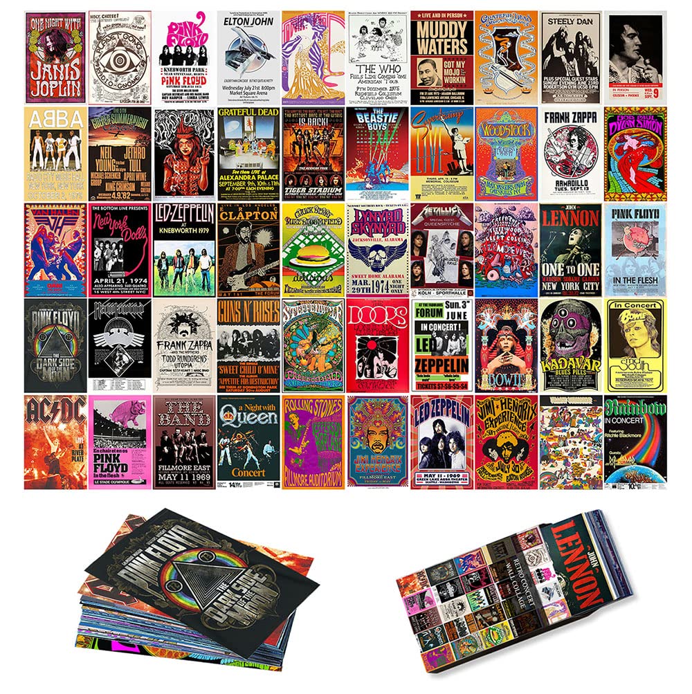 50PCS Vintage Rock Wall Collage Kit, Music Posters, Retro Music Concert Album Photo Wall Aesthetic Pictures, Vintage Room Decor, Band Posters