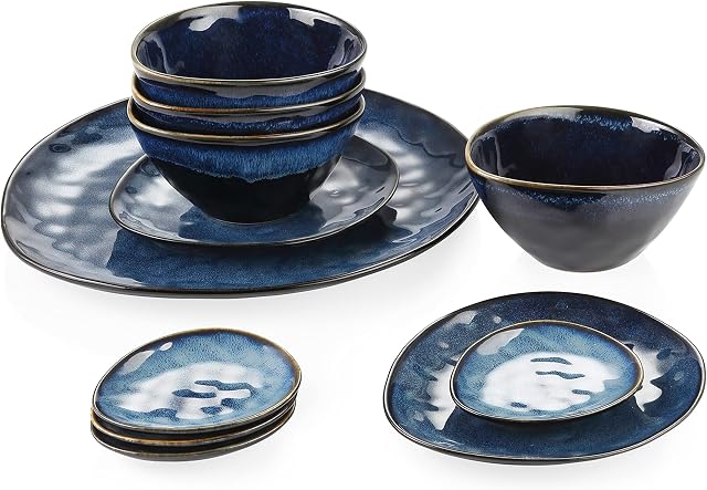 vancasso Starry Oval Dinner Sets, Vintage Look Blue Plates and Bowls Set, 11-Piece Reactive Glaze Serving Set with 1 Serving Platter, 2 Dessert Plates, 4 Bowls and 4 Dipping Bowls