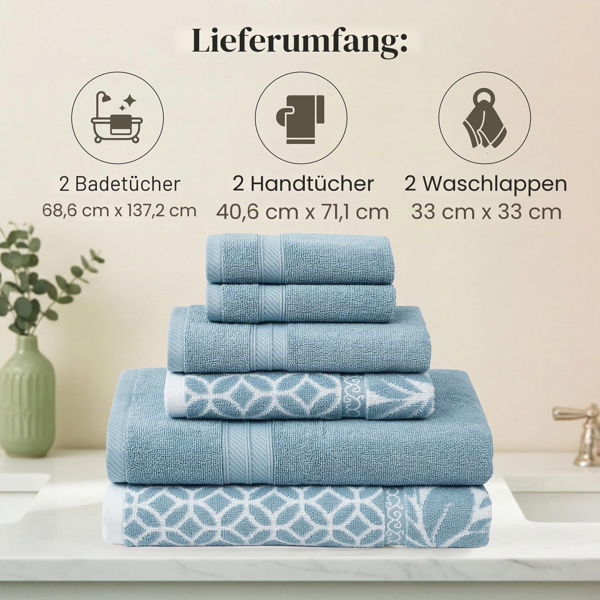 Modern Threads Trefoil Filigranes 6-teiliges Wende-Handtuch-Set, gefärbt, Jacquard, Badetücher, Handtücher und Waschlappen, super saugfähig und schnell trocknend, 100% gekämmte Baumwolle