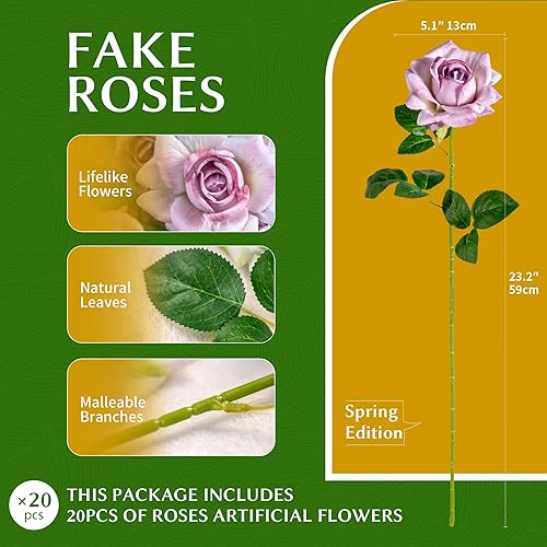 Miniatura 2 de Flores artificiales, rosas artificiales, rosas falsas de 23.2 pulgadas, flores artificiales de tallo largo para jarrón alto, rosa de seda, 20