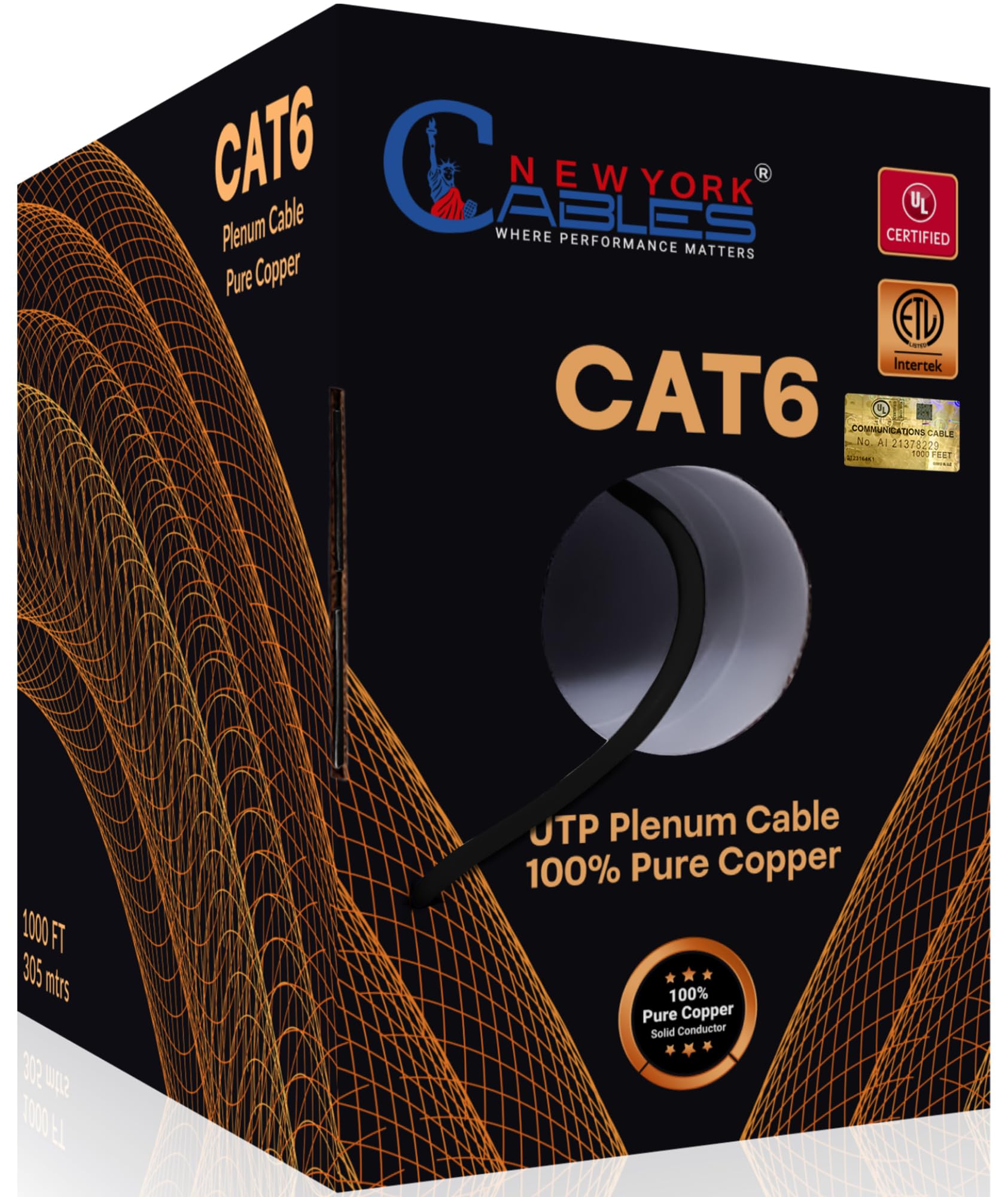 NewYork Cables Cavo Plenum CAT6 da 304,8 m, nero, certificato UL e ETL, 100% rame puro, UTP, 550 MHz, 23AWG, 4 paia da 10 GB, PoE++ | Cavo Ethernet Cat 6 ignifugo certificato Plenum