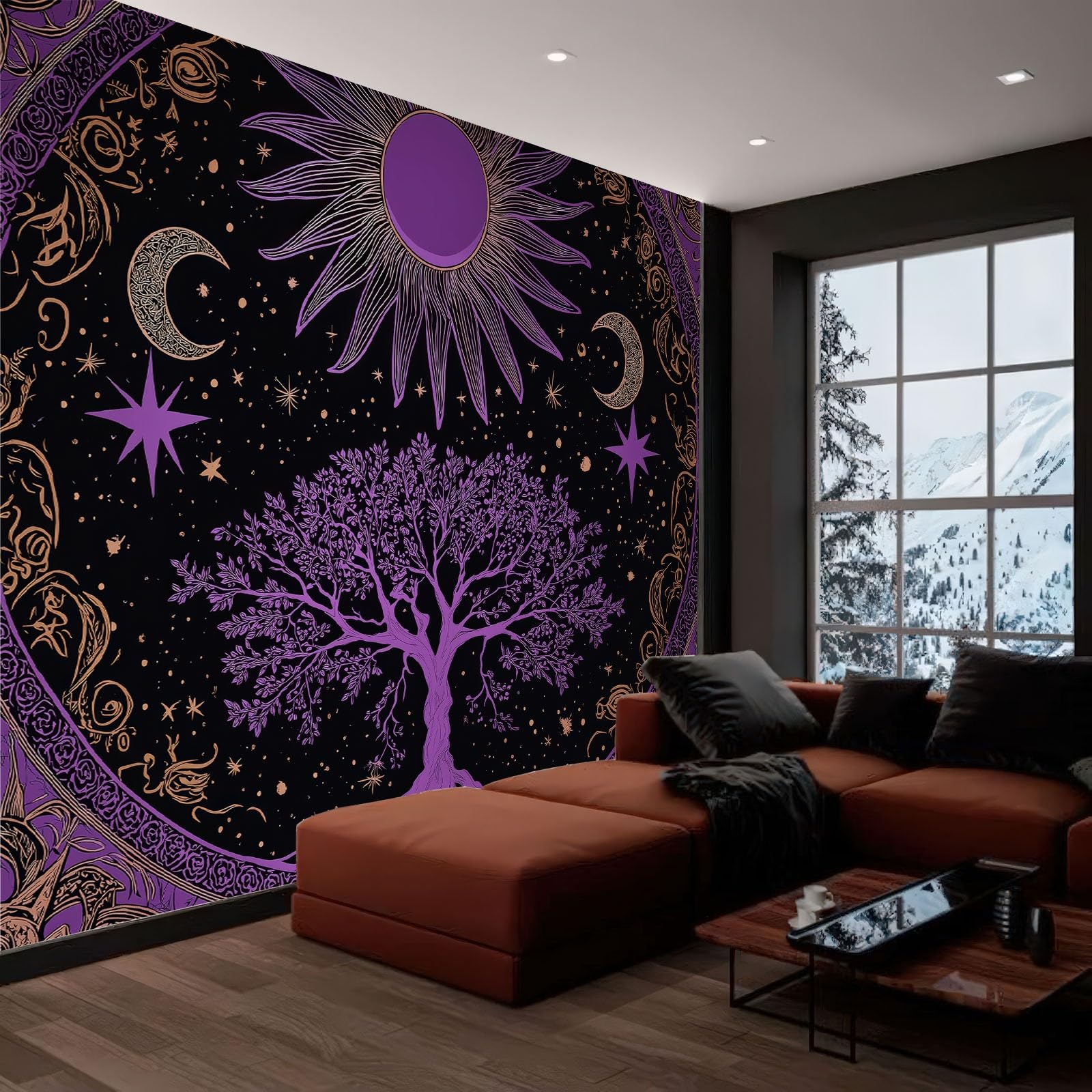 Fantasy tapeta efekt 3D 200 x 140 cm, fototapeta fioletowy i czarny słońce księżyc drzewo życie fototapety tapeta ścienna włóknina nowoczesna dekoracja ścienna salon sypialnia biuro salon
