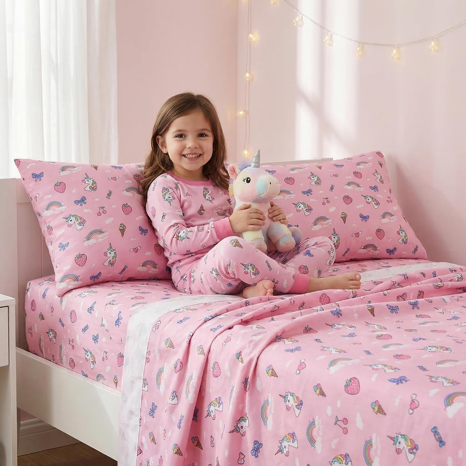 YIYEA Full Kids Printed Cotton Sheet Set, 100% Cotton, 16" Deep, 4-Piece | Substantial 100% cotton with a soft, breathable feel, 16-inch deep pocket fitted sheet and secure zipper pillowcases.