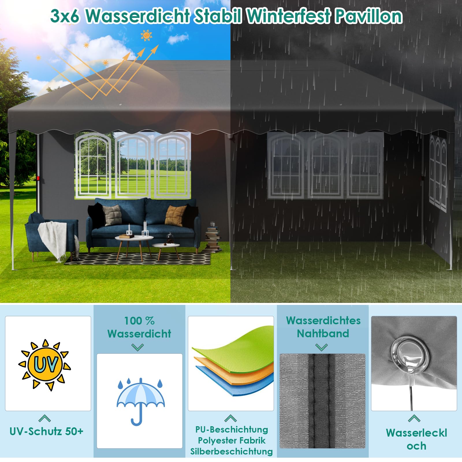 LIFERUN Gazebo 3x6 Pieghevole Impermeabile, Resistente 420D Oxford Ispessente, Tendone con 4 Pannelli Laterali, Protezione UV 50+, Gazebo da Giardino per Feste Campeggio Matrimonio, Grigio