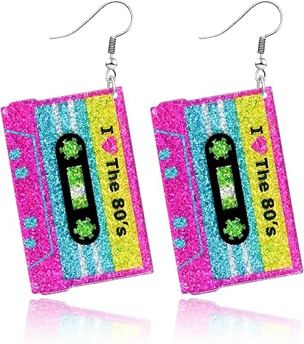 Nanafast Aretes de los años 80 para mujer, aretes acrílicos de neón retro de los años 90, estilo vintage, estilo de cinta de casete, joyería de los