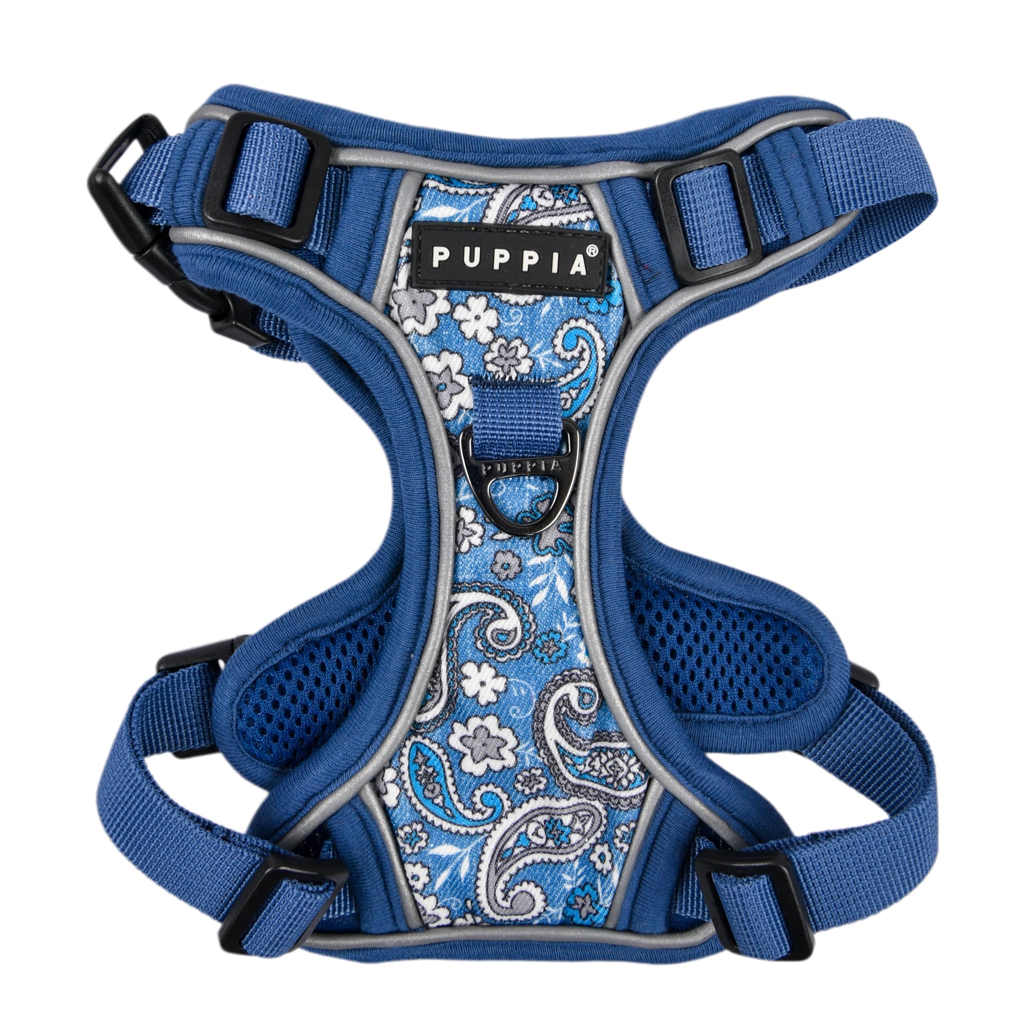 Puppia Cynthia Harnais pour chien H robuste, réglable pour le cou et la poitrine, motif floral réfléchissant sur le devant et l'arrière avec anneau en D pour chiens de petite et moyenne taille, bleu,