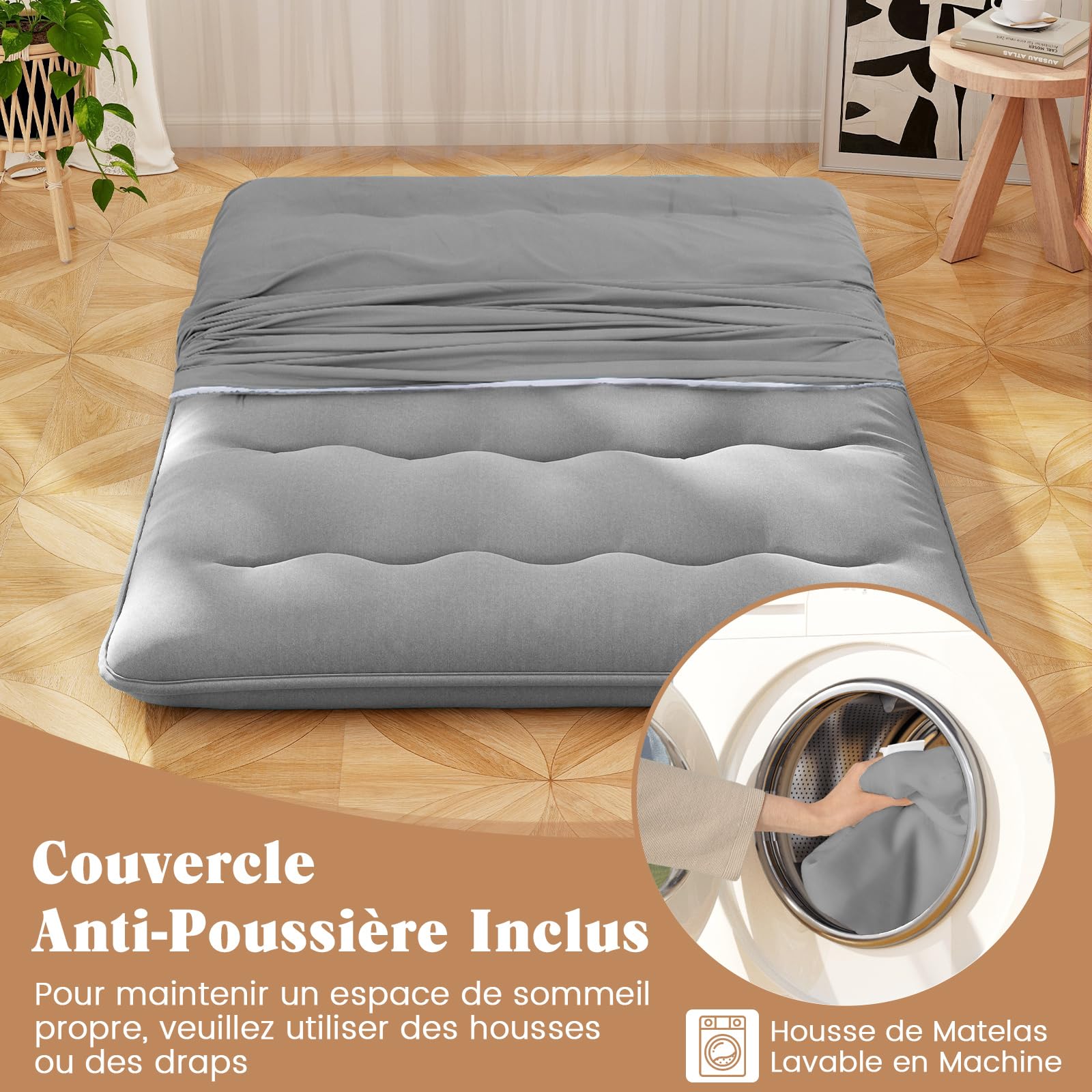 GOPLUS Matelas Futon Japonais 1/2 Personnes,Lit de Couchage Enroulable de Sol Pliable et Portable avec Sac de Transport pour Camping, Voyages en Voiture 90/140x200CM (Gris,140 x 200 cm)