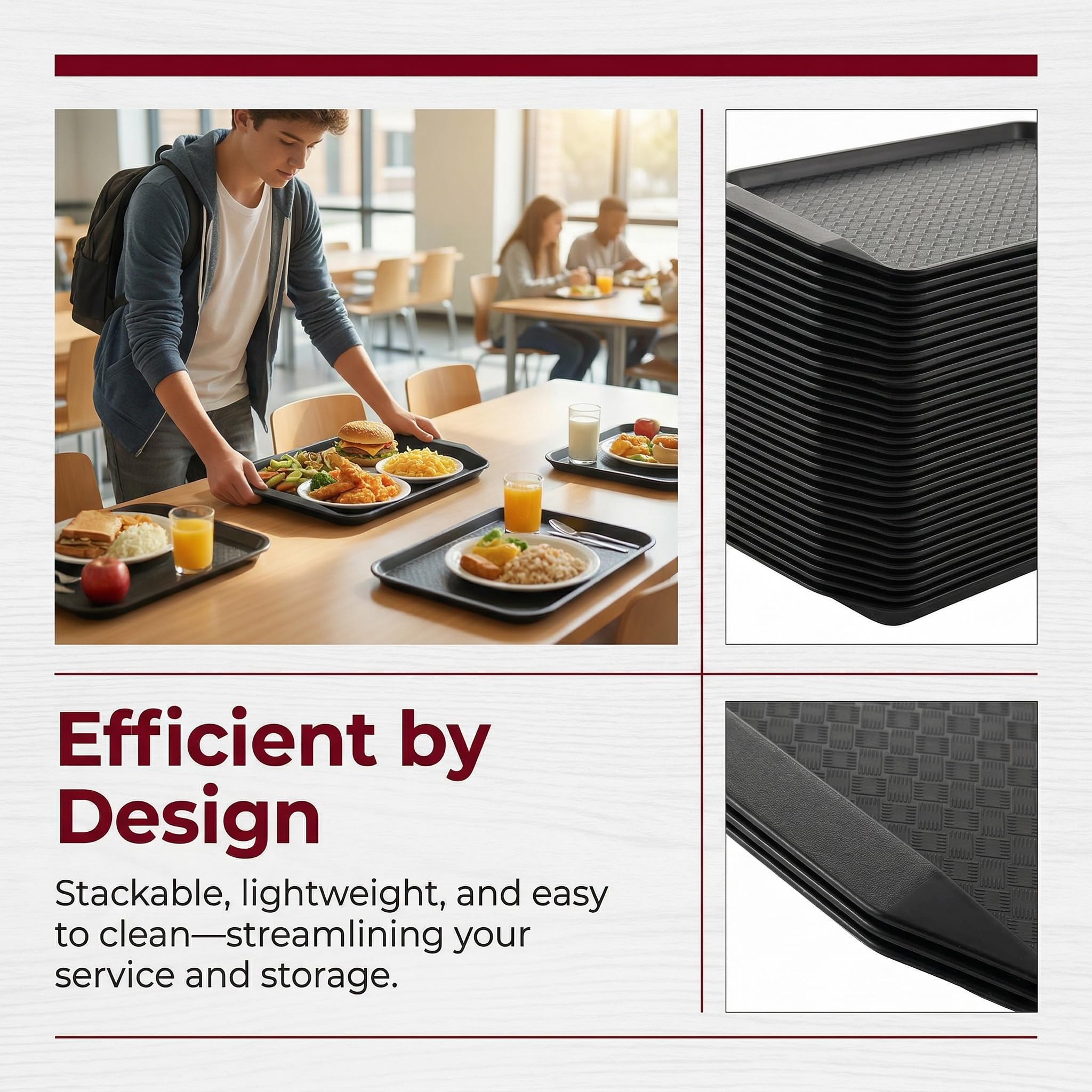 Cedilis Paquete de 12 bandejas de comida rápida de plástico negro para comer, bandejas de servir de 17 x 11.7 pulgadas con asas, bandeja rectangular de plástico antideslizante multiusos para