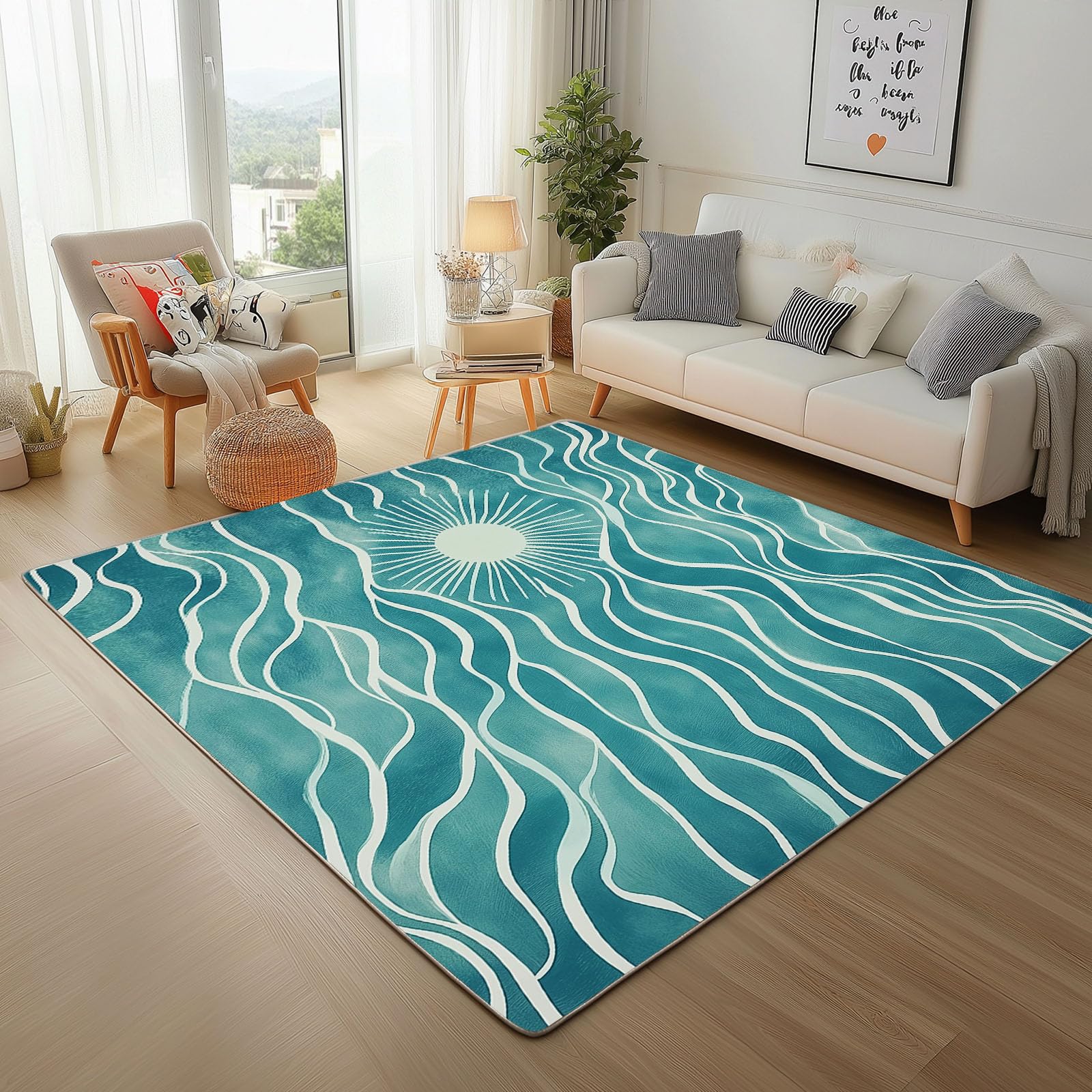 Grand tapis salon lavable 160x230 cm bleu moderne chambre et entrée