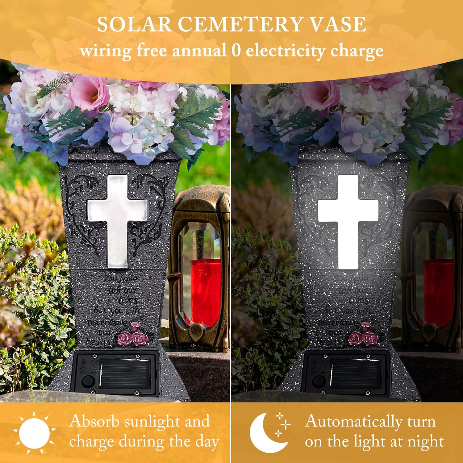 Solar Cemetery Vase with Solar Cross Cardinal Light Headstones Vases Garden Cross Marker Remembrance Gift for Outdoor Yard Patio