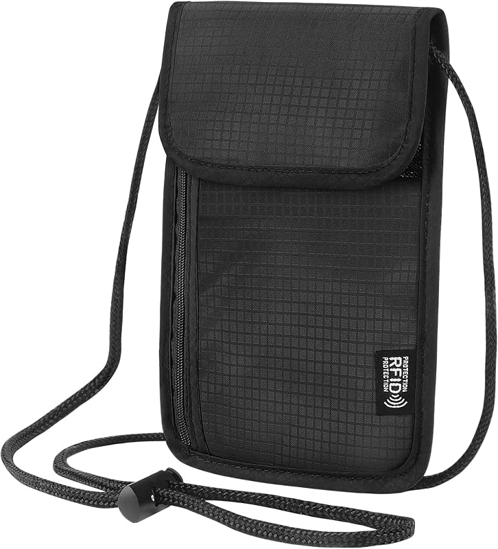 Likesing Cartera de viaje para cuello de 5,5" de largo x 7,9" de ancho, soporte para pasaporte RFID (negro) | Soporte para pasaporte con bloqueo RFID para viajes, cartera de viaje para pasaporte ligera de seguridad, bolsa para el cuello, regalos para mujeres y hombres