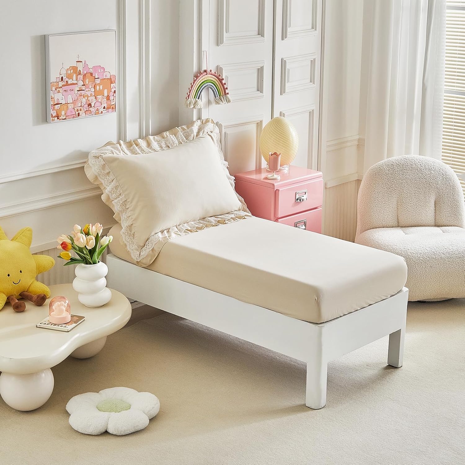 Ruffled Lace Toddler Bedding Set with Ruffle Fringe, Solid Color 4 Pieces Toddler Bed Set - 1 Cute Baby Comforter + 1 Fitted Sheet +1 Flat Sheet +1 Pillowcase for Baby Boys and Girls Cream White Beige