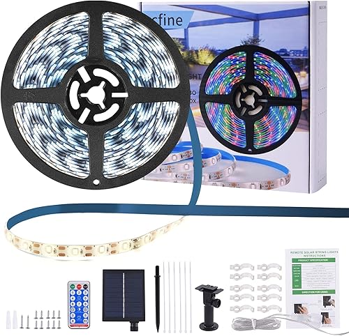 ZCFINE Tira de luces solares con control remoto, 400 LED22 pies, con 8 modos de iluminación, encendidoapagado automático, tira de luz impermeable