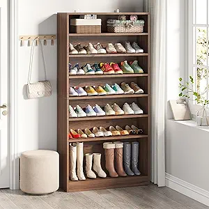 Tribesigns Tall Shoe Cabinet, 9 Tiers 40-45 Pairs Heavy Duty Wood Freestanding Shoe Storage Cabinet, 70.8'' Tall Shoe Cabinet with Open Storage for Entryway (Brown)