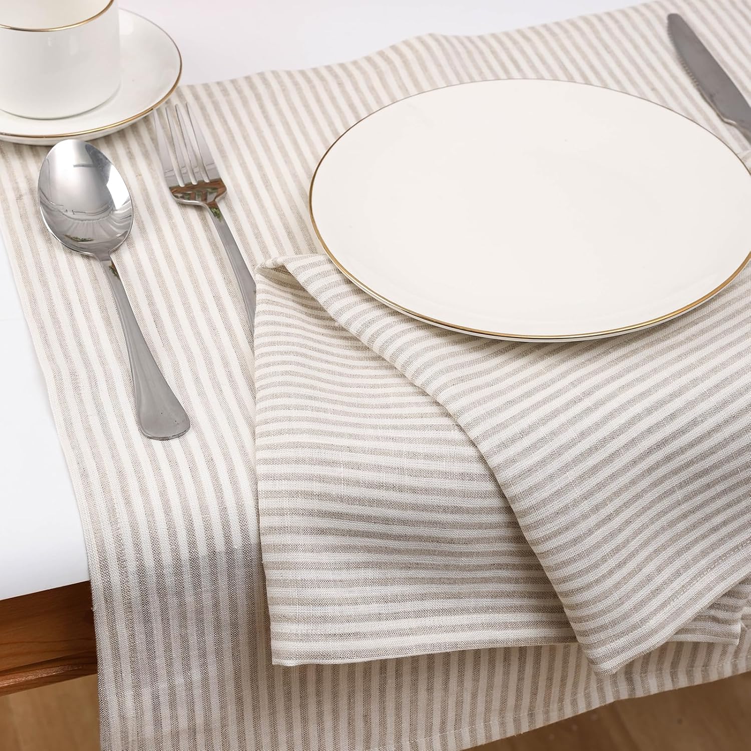 100% Pure Linen Napkins Set of 4 - Striped Linen Dinner Napkins Cloth Washable 20 x 20 Inch for Home and Dining Decor,Wedding,Party (Khaki/Small Striped)