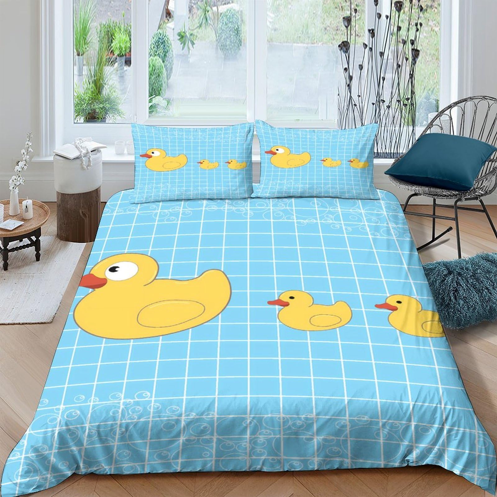 Ctjqhvkz Style-1 3D Printed Yellow Duck Fitted Sheet Microfiber Blue Cartoon Duckling Mattress Cover Non Slip Washable Bedroom Decor Single（135X200cm）