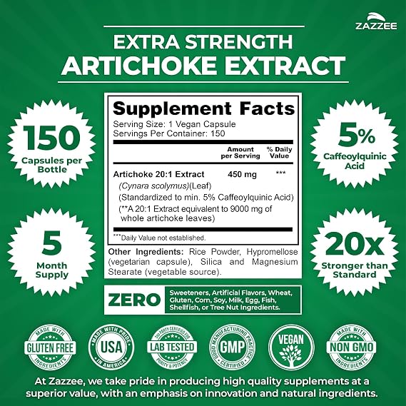 Zazzee Extra Strength Artichoke 20:1 Extract, 5% Caffeoylquinic Acid, Vegan