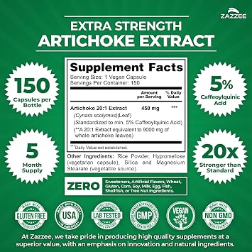 Zazzee Extra Strength Artichoke 20:1 Extract, 5% Caffeoylquinic Acid, Vegan