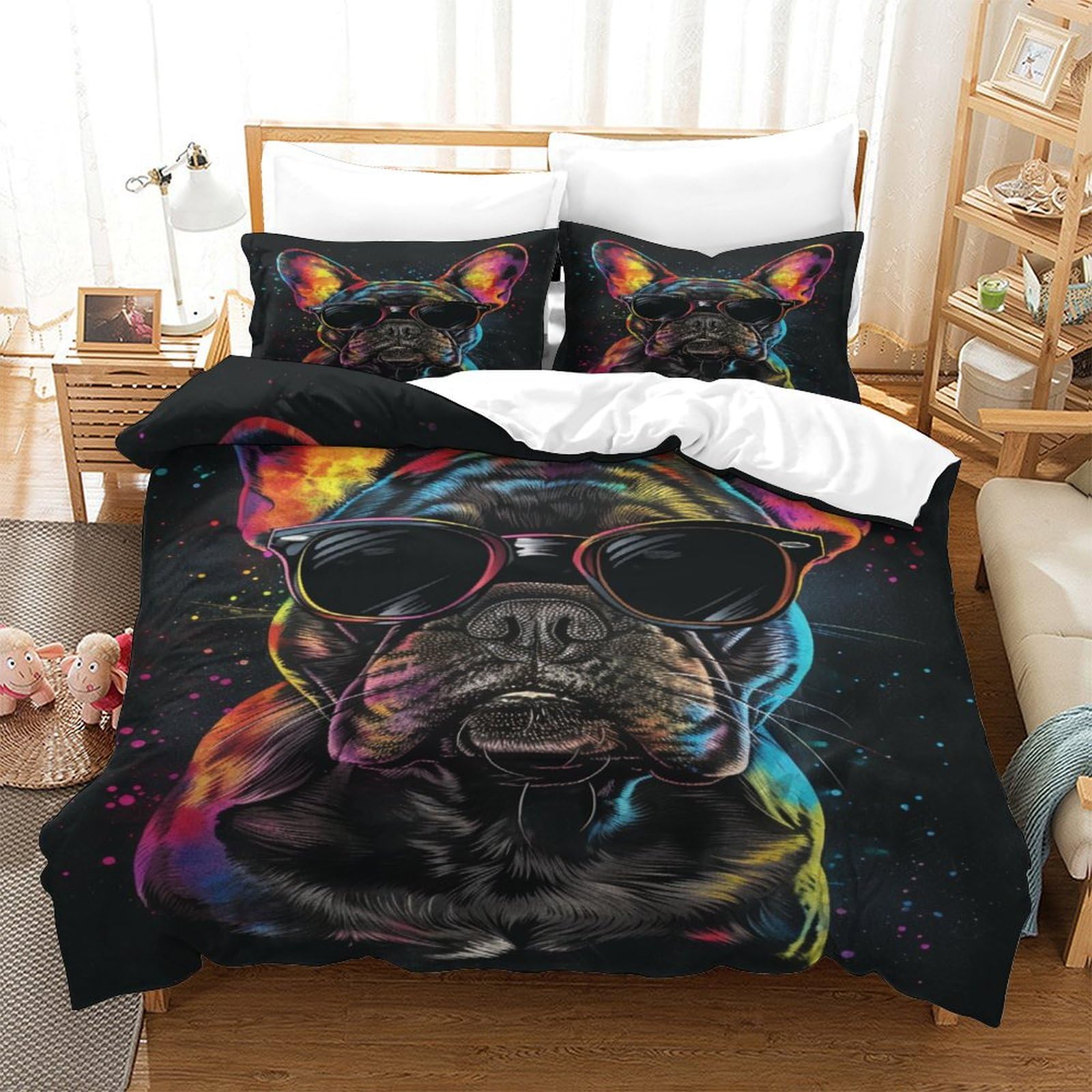 TNFHSOFT 3D Bulldog Duvet Cover Bedding Set Soft Microfiber Animal Duvet Set 3D Bedding with Zipper Closure for Kids Teens Adults 3PCs Double（200x200cm）