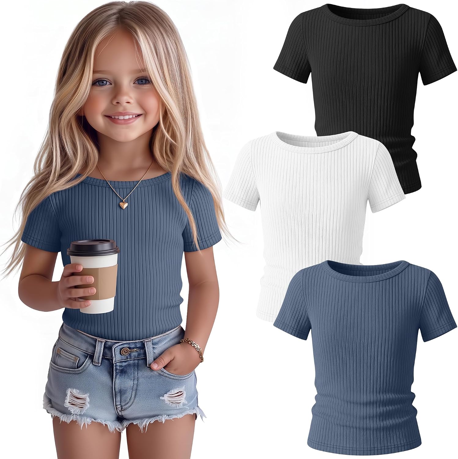 Halfchet 3 Pack Toddler Girls Ribbed Shirts Short Sleeve Cotton Boat Neck Tops Baby Slim Fit Basic Summer Tees for 18M-5T