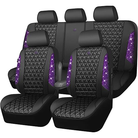 CAR PASS Bling Diamond Leather Car Seat Covers Full Seats Interior Sets, Waterproof Shining Glitter Sparkly Crystal Universal Armrest Fit Automotive Truck SUV Cute Women Girl, Black Purple Rhinestone