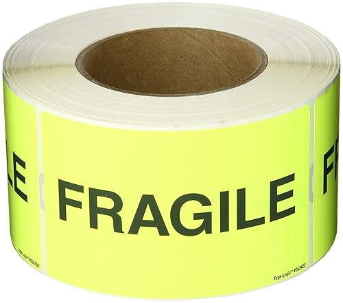 Tape Logic Aviditi Tape Logic - Adhesivo adhesivo de advertencia amarillo fluorescente "Fragile" de 3 x 5 pulgadas, para envío, manipulación,