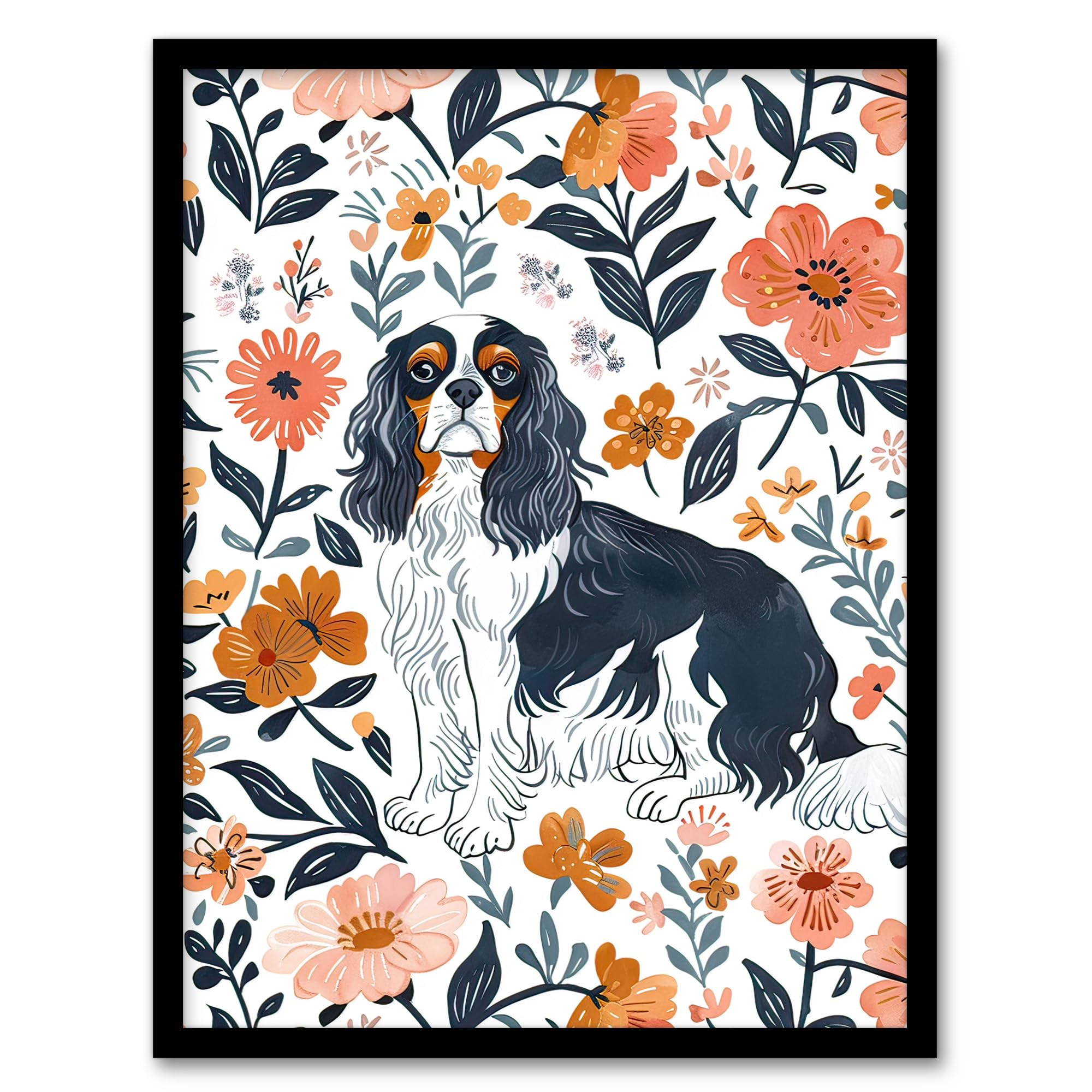 Artery8 Cavalier King Charles Spaniel In Floral Pattern Wall Art PrintA4 Size from B&Q