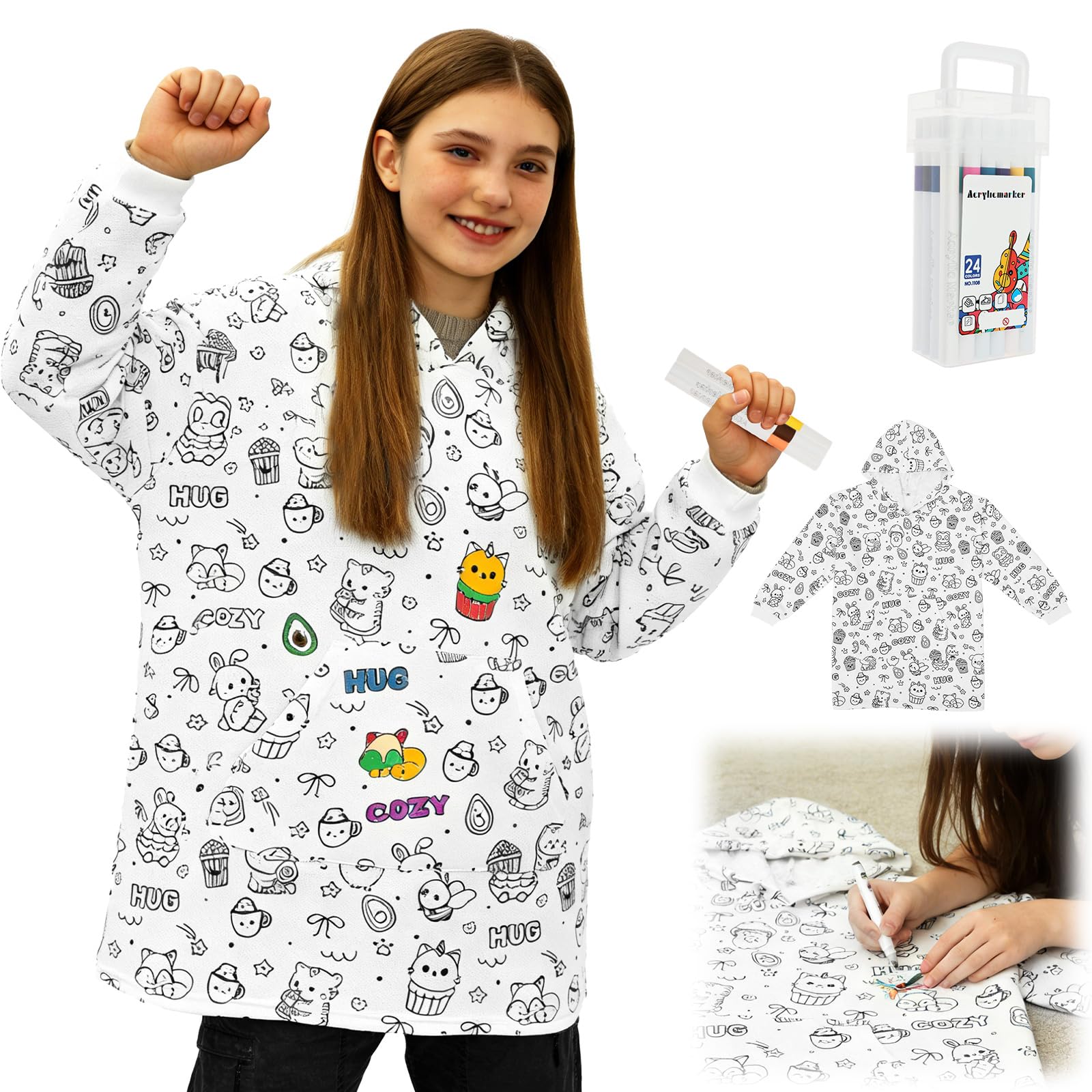Koc z kapturem do samodzielnego ozdobienia, barwiony koc z 24 trwałymi markerami do materiału, kreatywna, spersonalizowana, DIY, przenośna bluza z kapturem do sypialni, salonu, książki do