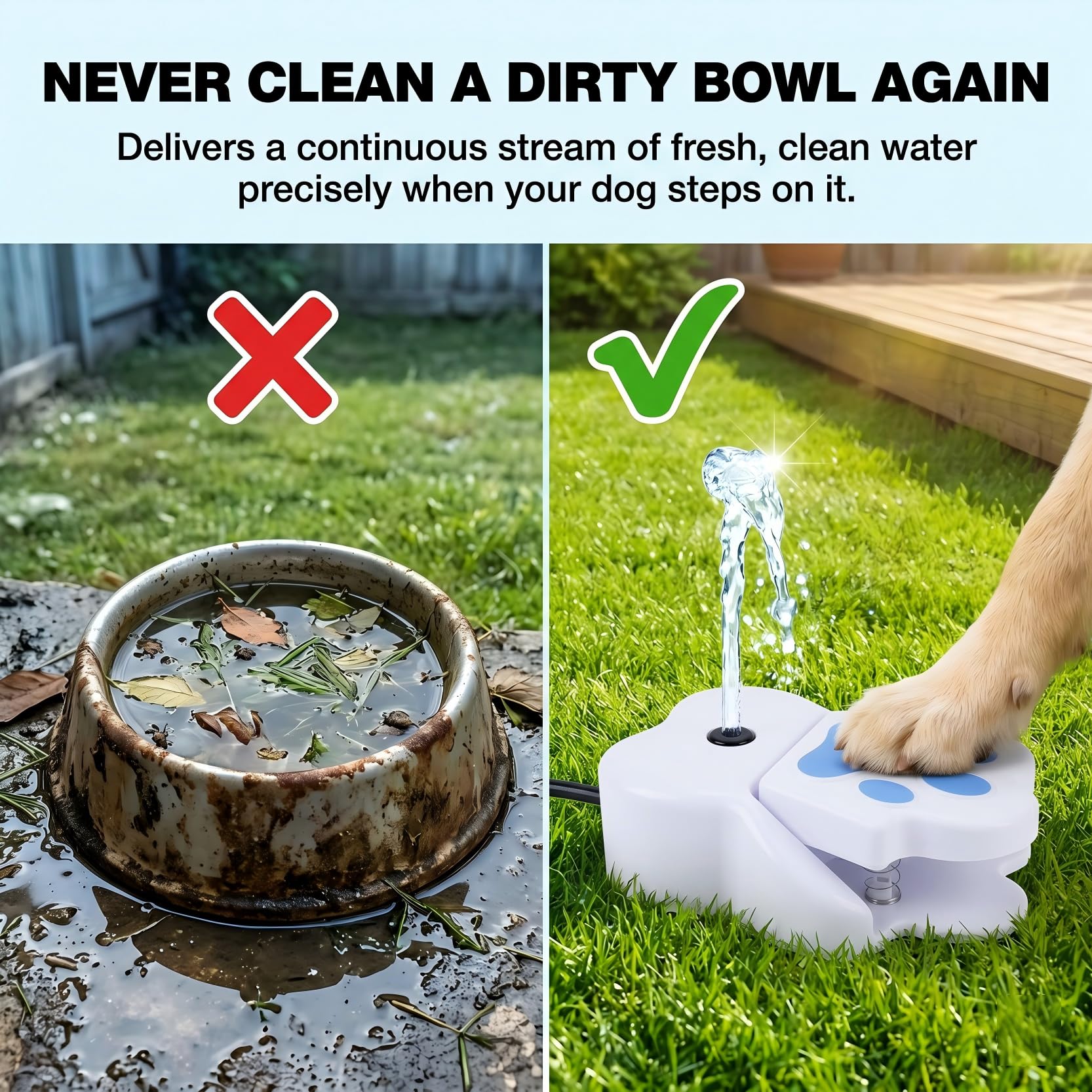 Dog Water Fountain Step On, Paw Activated Outdoor Dog Sprinkler Toy for Large & Small Dogs, No Battery Pet Drinking Pedal with Leak-Proof Hose Connector for Backyard & Summer Play