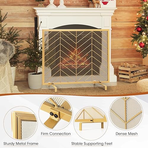 Miniatura 2 de Tangkula Pantalla de chimenea de un solo panel, protector de chispas de metal forjado, cubierta decorativa de malla para chimenea para sala de